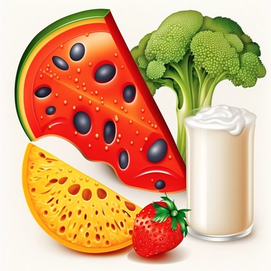 Clipart, Cartoon, milk, bread, tomato, banana, orange, one slice of watermelon, broccoli, white background