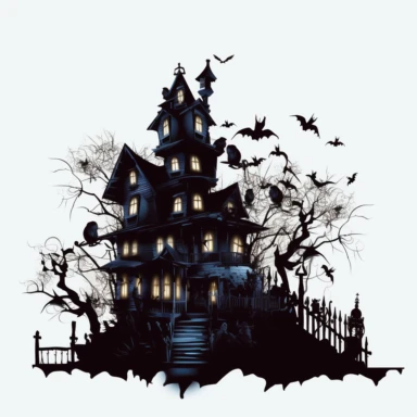 scary dark haunted house halloween silhouettes ultra highly detailed, 18k, sharp focus, high definition, intricate detailed png image, 300dpi, graphic clipart, computer graphics, With white background for removing, no text on image