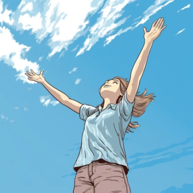 A hand drawn clipart illustration of a girl is reaching for a blue sky in the style of manga-influenced, sparse and simple, flattened perspective, calming, handheld, i can't believe how beautiful this is, joyful and optimistic