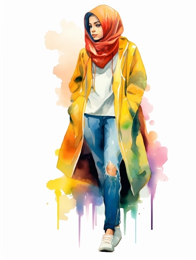 modern woman with hijab, looking away, shoes, watercolor, white background, clipart
