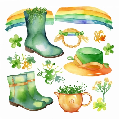 a set of St. Patrick's Day clipart, featuring elements leprechaun hats, shamrocks, pots of gold, rainbows, horseshoes, and Celtic knots, watercolor clipart on white background, high resolution, outline, clip art , Clean, smooth, and subtle high-resolution upscaling