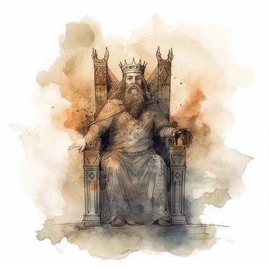 a faded unclear image of king arthur with a beard seated on a throne and having his hands open like he is inviting someone with a misty cloudy fantasy motif watercolor clipart