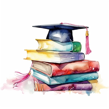 watercolour graduation cap on top of books with diploma clipart, white background, no text