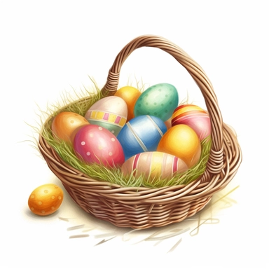The clipart could feature an white Easter basket filled with golden eggs The white basket could be decorated with diamonds or Gold accessories , and there could be some grass or flowers around it. The treats could be arranged in a neat and colorful display, with some items spilling out of the basket to make it look more inviting, realistic, hd