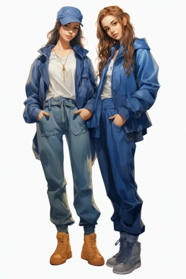 two fullbody women on their backs , wearing blue pants and jackets, clipart