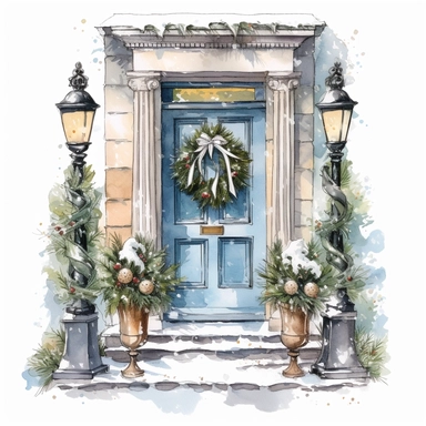 Front Door with Christmas style by Lucy Fleming, watercolor, smooth gradients, black contour outline, ultra detailed, clipart elements, delicate pastel colors, solid white background, super clear, high quality