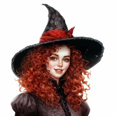 beautiful victorian witch with curly brown hair and freckles wearing a pointed witch hat, looking left, victorian hairstyle, victorian witch hat, Victorian era clothing, beatiful smile, realistic inverted portrait white background, high quality, hyper-realistic, witch Clipart,red dress