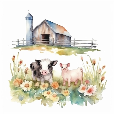 Watercolor illustration clipart set of barn, baby pig, chicken, goat, cow, dog, fence with grass and flowers, hd, realistic, no background,