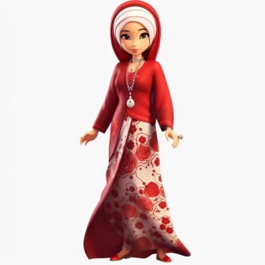 muslim clipart doll beautiful woman wearing a long skirt with a rose print, red long tunic with long sleeve, a beautiful hijab muslim head scarf in red and rose print, holding a long necklace of white pearls, beautiful tanned skin, hd,8k, clipart, white background,