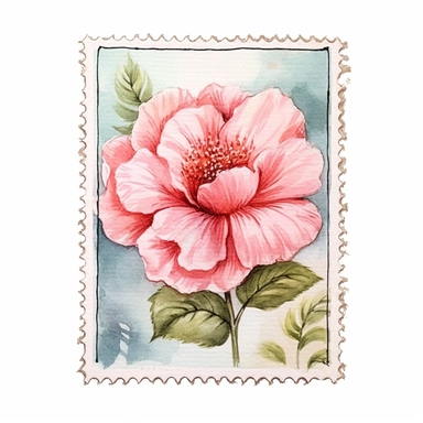 hand drawn , watercolor, hyper realistic, white background, white margins, 16k, ultra detailed clipart, cut out image, hand-drawn, ultra HD, sharp and clean art a single vintage travel stamp with delicate floral , capturing the romantic and feminine aesth