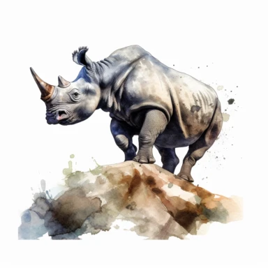 realistic watercolor rhino charging smash rocks in the mountain hills on solid white background, clipart