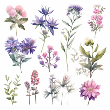 Watercolour wildflowers, lilac blue pink and purple colors, beautiful details, ultra detailed, ultra photo real intricate detailed, high definition, graphic clipart, hyper realistic, detailed, white background