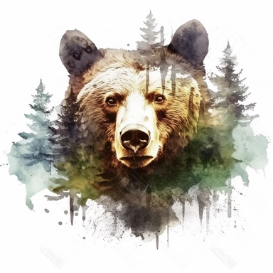double exposure, bear head and forest,watercolor,white background,clipart