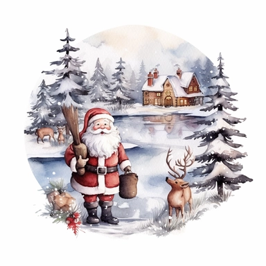 vintage design, christmas theme Watercolor Cute santa claus wearing Clipart Collection in beautiful winter landscape with a lot of snow and a small lake, advent wreath around, christmas theme, detailed, isolated, white background, one pattern