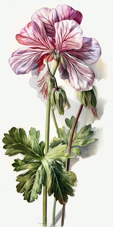 Watercolor Painting of SINGLE STEAM Geranium FLOWER on white background beautiful multi - headed pale, Flora Design Patterns, Flemish Baroque by Rachel Ruysch, Behance, Rococo, Intricate Detailed, Soft Light Effect, Oil Paint Strokes, Light Academia Aesthetic Flowers, Lighting cinematic, all shown shimmering stamens, tyndall light, light effect, texture, colorful, 8k, fantasy, ray tracing, depth of field, vivid, spectacular lighting, octane rendering, highly detailed, ultra - realistic, white ba