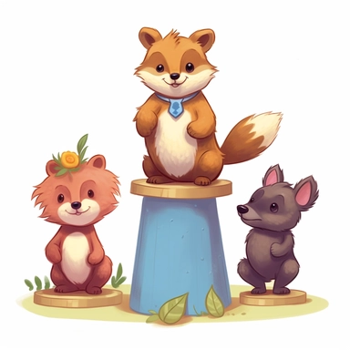 a cute clipart with a victorious Red Panda on a Podium. Second place is a quokka, third place is a dikdik