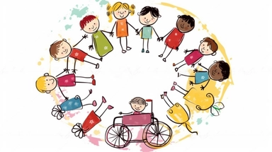 a group of children's friends in circle, some on a wheel chair, with arm, wrist, arm braces, wristband, knee brace, arm clip, stock vector, clip art, free clip art, clipart, in the style of storybook-esque, joan eardley, e. h. shepard, multiculturalism, animated gifs, working-class empathy, multi-coloured minimalism