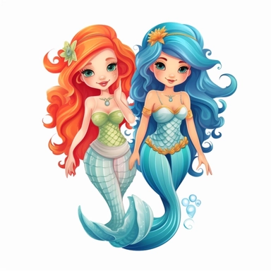 Create other mermaid characters with unique features, personalities, and different tail colors. They can be friends, sisters, or part of a mermaid community, cartoon style, white background, clipart