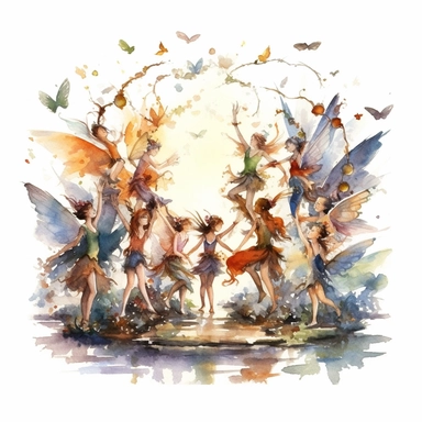 group of dtailed fairies gather to dance, watercolor clipart, white background