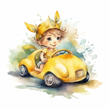 Cute little fairy girl driving a sport car yellow watercolor Clipart