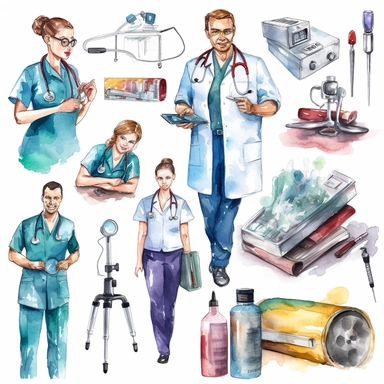 watercolor doctor related scenes , illustrations clipart set, simple, , cartoon elements ,different variants , glucometer, insulin syringe, nurse, doctor, stethtescope, mechanical body weighing scale, tweezers, microscope, ambulance, , separate elements with a margin