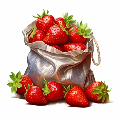 one clipart bag of strawberries on a white background, in the style of wlop, southern countryside, collage-oriented, sterling silver highlights, colorful caricature, emotionally-charged brushstrokes, hyper-realistic animal illustrations, no watermark, text, words, paintbrush, 300 DPI, typography, the images do not stick together, no text in the picture
