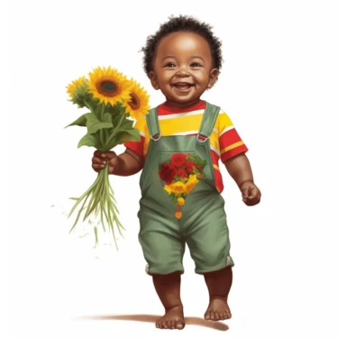 Happy baby juneteenth boy with red, green, yellow cloths and flower, full body, hand draw Illustration clipart, 4K, extremely detailed