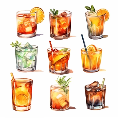 Alcohol cocktail collection. Watercolor illustration. Drinks clipart set on white background