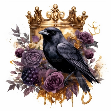 Idyllic watercolor and ink clipart of dark gothic dark moody dark moody burgundy, black and purple rose flowers with poison thorns, black raven wearing an ornate golden crown, with gold accent, isolated on a white background, dark moody colors, highly det