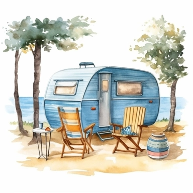 camping style cute caravan in the campground with watercolor effect,sea landscape,camping tools,camping chairs and table,caravan pengola,forest landscape,suitable for digital clipart,white background