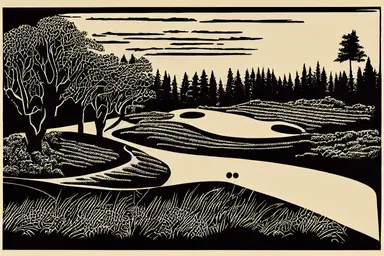 golf course silhouette, linocut, clipart
