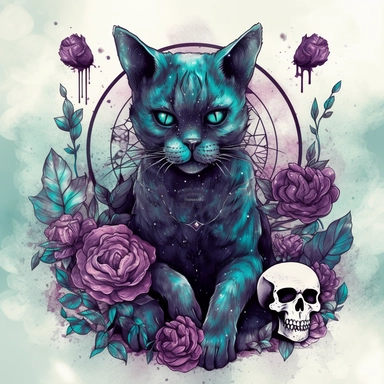 hand drawn black cat, sitting with front paw resting on a skull, flowers and crystals, shades of burgundy purple and teal, romantic and edgy, very detailed and realistic, watercolor, clipart style