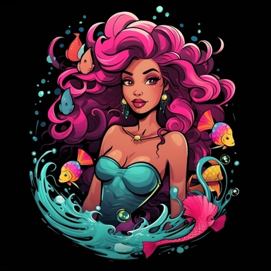 a clipart art T-shirt design black African American magical color colorful mermaid of the the sea cartoon emerald hot pink Disney pixar