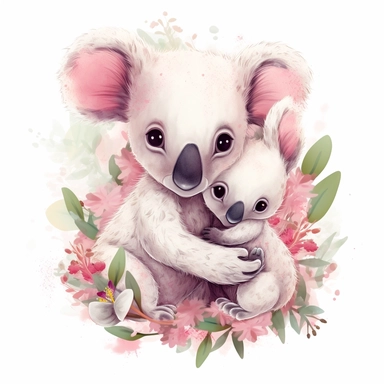 cute pink floral illustration, realistic adorable one baby cute coala hugging his cute mom, happy clipart, nursery style clipart, nursery animal art, kids wall art, baby room decor, isolated on white, ultra - detailed, high quality, ghibli style, award winning