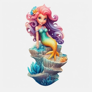 Watercolour animated whimsical beautiful Disney inspired fairytale pastel beautiful baby mermaid with pastel hair and perfect beautiful mermaid tail sat on rock Disney inspired beautifully detailed perfect facial features ultra highly detailed, 18k, sharp focus, bright photo with rich colours digitally enhanced, enhanced graphics, straight, sharp focus, bright lighting, intricate detailed png image ,high definition,300dpi,graphic clipart,computer graphics