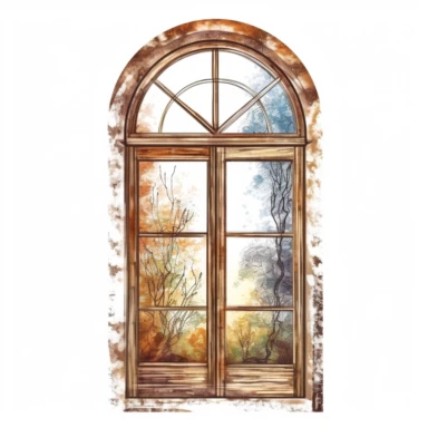 old brown window, vintage, clear, view from inside the house, white background, clipart