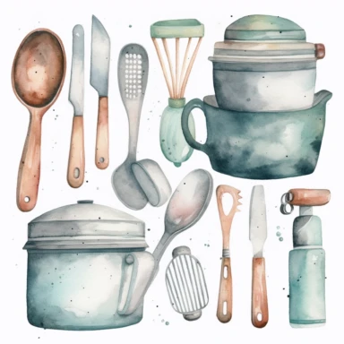 Create a watercolor clipart set of kitchen utensils and tools, including knives, spatulas, ladles, and measuring cups. Use pastel colors and subtle shading to give the images a soft, elegant look, white background