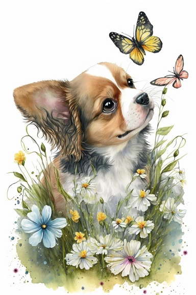 Adorable chiot jouant avec papillon et fleurs : Clipart aquarelle,réalisé félin mignon, utilisation commerciale, 300 DPI, Art mural, fabrication de cartes,