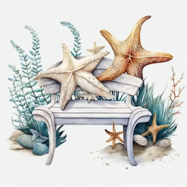 Boho nautical style, wedding bench, sea star, seashell, fantasy, white background, watercolor, hyperrealism, high detail, separate elements, set, clipart