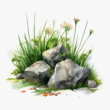 watercolor art of tuft of grass with dandelions, rocks, bugs in a field, in the style of realistic and hyper-detailed renderings, sketchfab, ahmed morsi, realistic watercolor paintings, use of common materials, handcrafted designs clipart