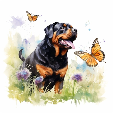Playful Rottweiler chasing butterflies in a sunlit garden, its tail wagging with excitement, capturing its joyful and lively spirit, white background, watercolor clipart