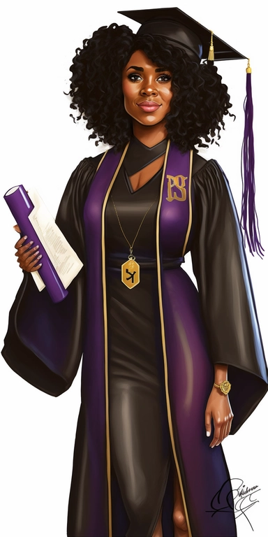 ultra realistic pixar clipart, Lousiana State University Graduation Gown, Kinte Cloth Stoll, Black Graduation Cap, Purple and Gold, Tassle, Right Arm stretched up, Right hand holding a diploma, LSU College Graduate, Beautiful Black Girl Magic Melanin Black, black high heel pumps, African American,