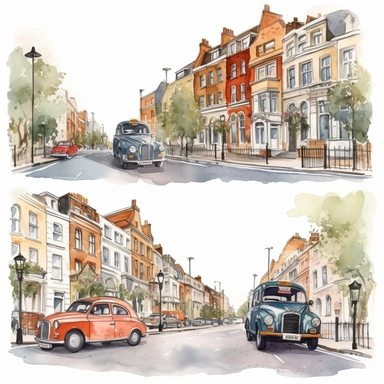 watercolor london streets with houses traffic jam and black cabs, illustrations clipart set, simple, , cartoon elements ,different variants , separate elements with a margin