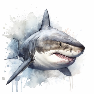 a highly detailed and realistic watercolor clipart portrait illustration of a great white shark swimming, full body, white space around the outer perimeter, painted naturally, no background, watercolor, detailed clipart, shark, great white shark