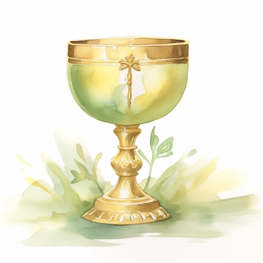 Graceful Baptism Watercolor Clipart - Gold and Sage Green Chalice: A tastefully illustrated chalice in gold and sage green. The chalice is a common symbol in many religious ceremonies, including baptism, representing communion with the divine.