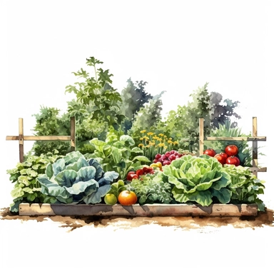 watercolor, hyper realistic, white background, white margins, 16k, ultra detailed clipart, cut out image, hand-drawn a VEGETABLE GARDEN.