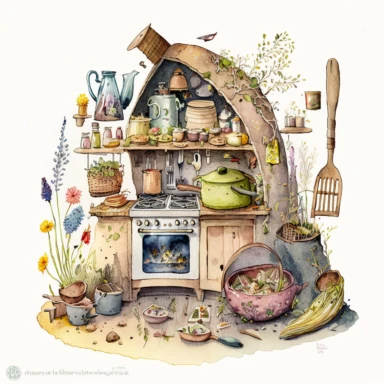 A hyper - detailed illustration watercolor clipart of a whimsical kitchen of a fairy house built out of natural materials by a human, complete kitchen utensil and kitchenware and foods in preparation watercolor illustration, illustration style a combination of Beatrix Potter and Tove Jansson, isolated on white background with margins, cut - out images, zoom on table , close up view