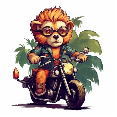 Create a clipart of a cute strong lion in a leather jacket riding a vintage motorcycle. Strong and vibrant colors. Jungle trees before a White Background, soft lighting.