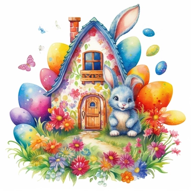 clipart, isolated on white background, Watercolor bunny and colorful eggs and animal house, easter style, detailed, flowers, ornated, vivid and vibrant and saturated colors