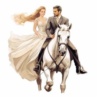 bride and groom on horseback clipart, white background